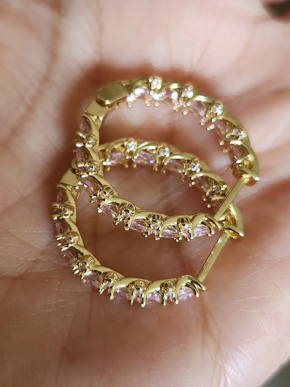 New 18K Gold Plated Double-sided Pink Sapphire Hoop Earrings for Women